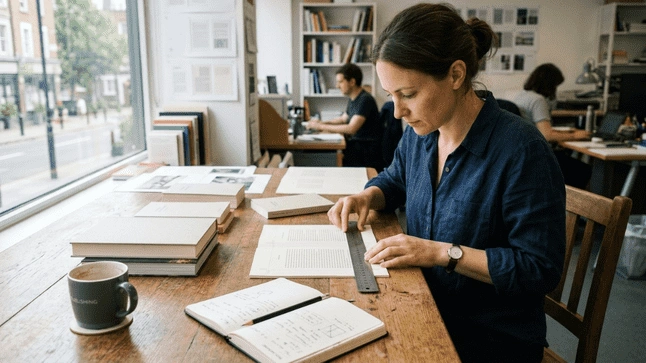 Book designer measuring page layout for printing