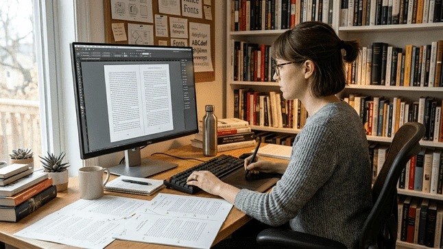 Editor formatting book manuscript on desktop computer