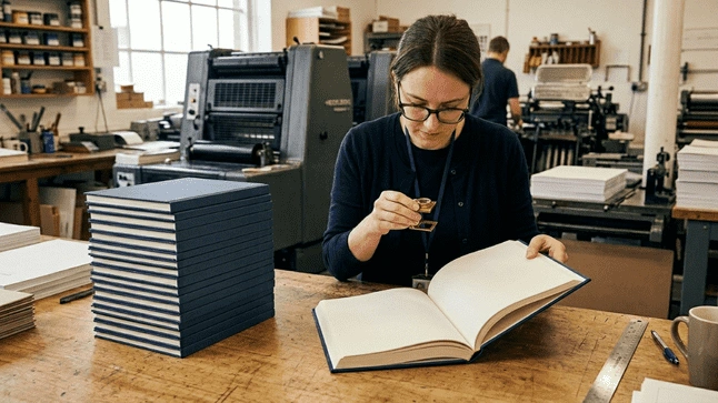 Printing specialist checking hardcover book quality