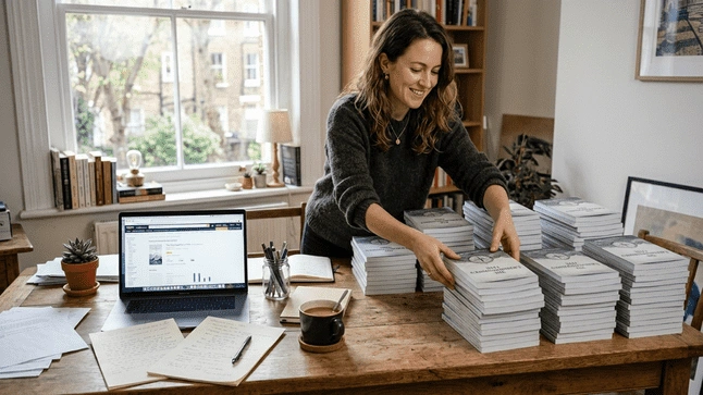 Author preparing self-published books for distribution