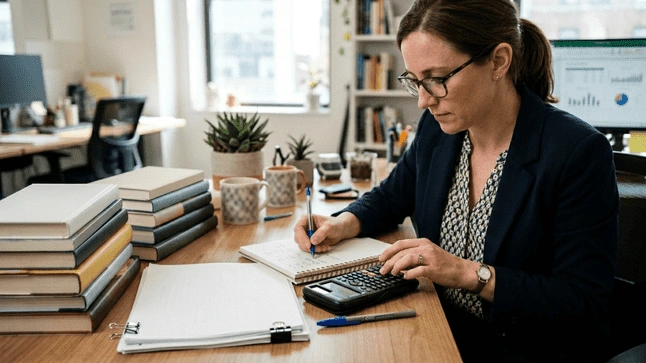 Writer working on manuscript at home office