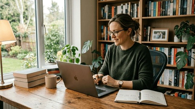 Writer working on manuscript at home office