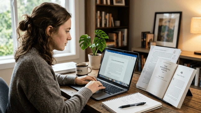 Woman writing manuscript on laptop at home workspace