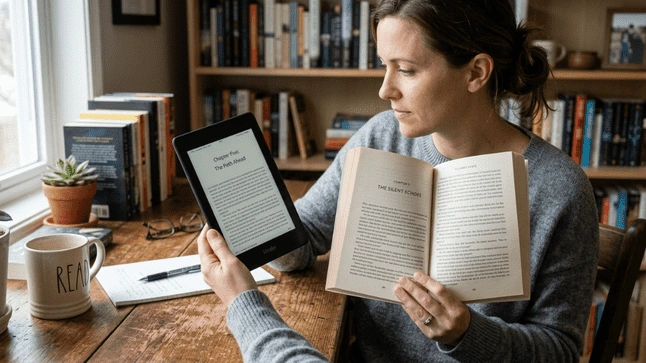 Author comparing ebook reader and printed book