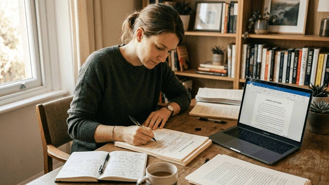 Writer editing manuscript with laptop and notebook