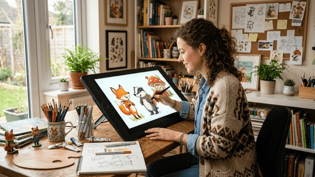 Illustrator designing children&rsquo;s book characters on tablet