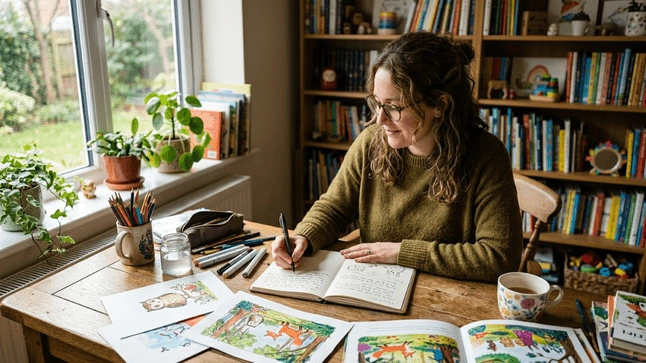 Author writing and sketching children&rsquo;s book ideas