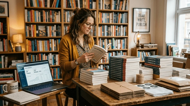 Author reviewing printed books before publishing