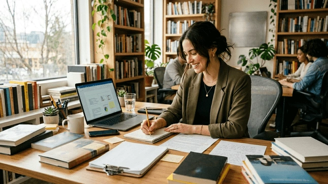 Writer working on book manuscript in office