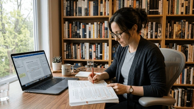 Book editor reviewing and editing manuscript pages