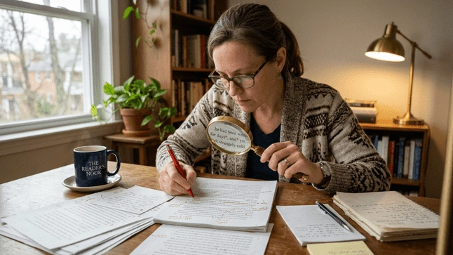 Proofreader checking book manuscript with magnifier
