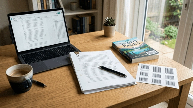 Book manuscript with ISBN barcode and editing setup