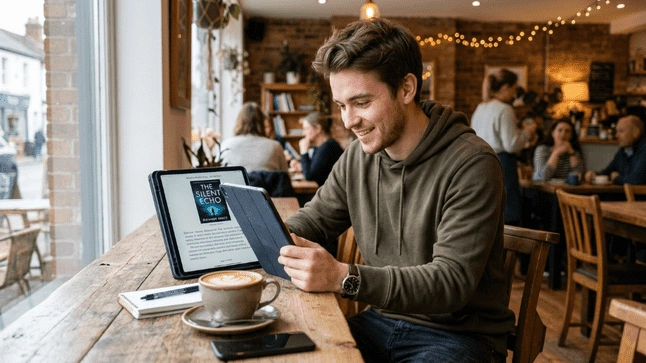 Reader enjoying ebook on tablet in cafe