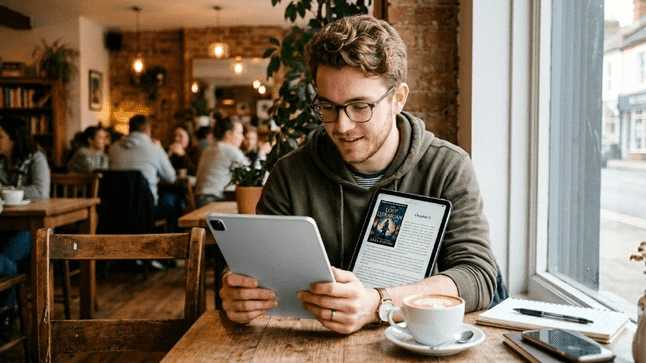 Man reading digital book on tablet