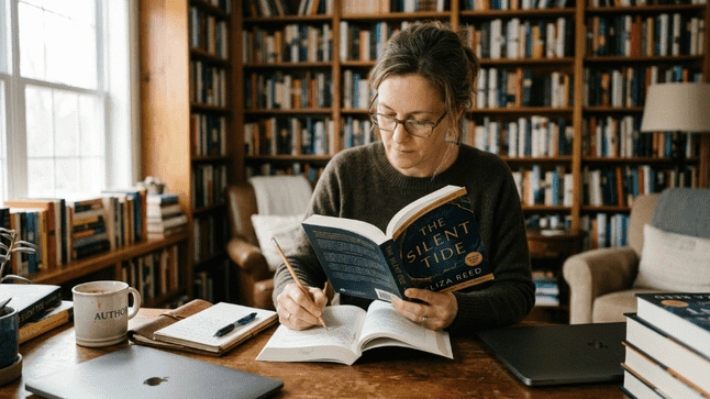 Woman reading book and taking notes at desk