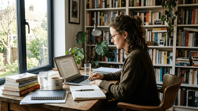 Writer editing manuscript on laptop at home
