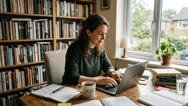 Author writing book draft on laptop workspace
