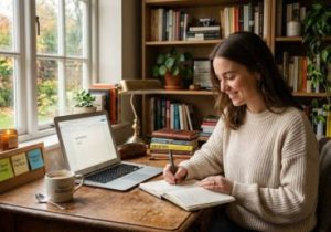 Woman writing in cozy home office