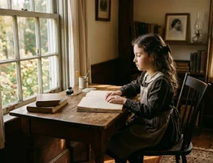 Young girl reading book by window